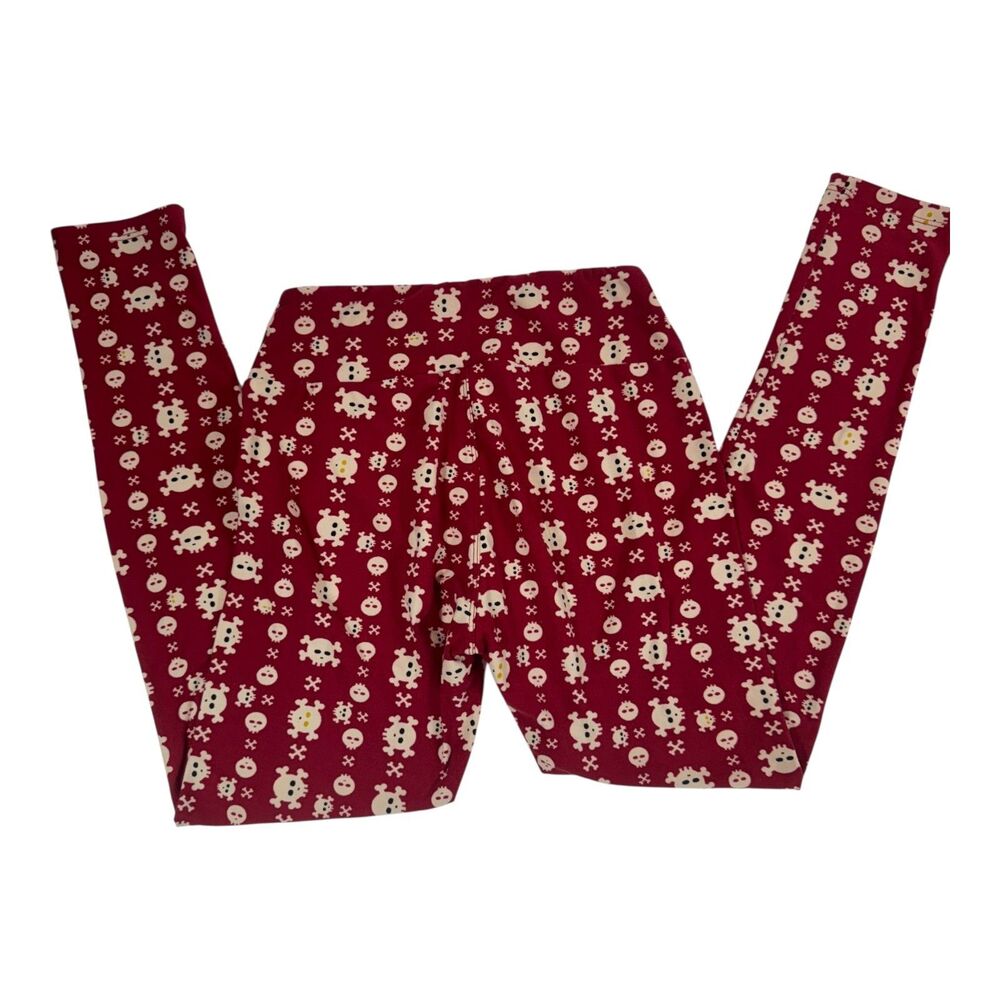 LuLaRoe OS Red Skull and Crossbones Leggings‎ Women's Size 2-10 Halloween Goth